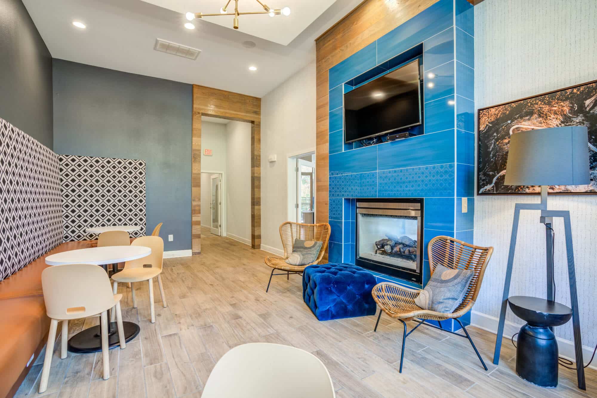 Modern clubhouse with cozy seating area.