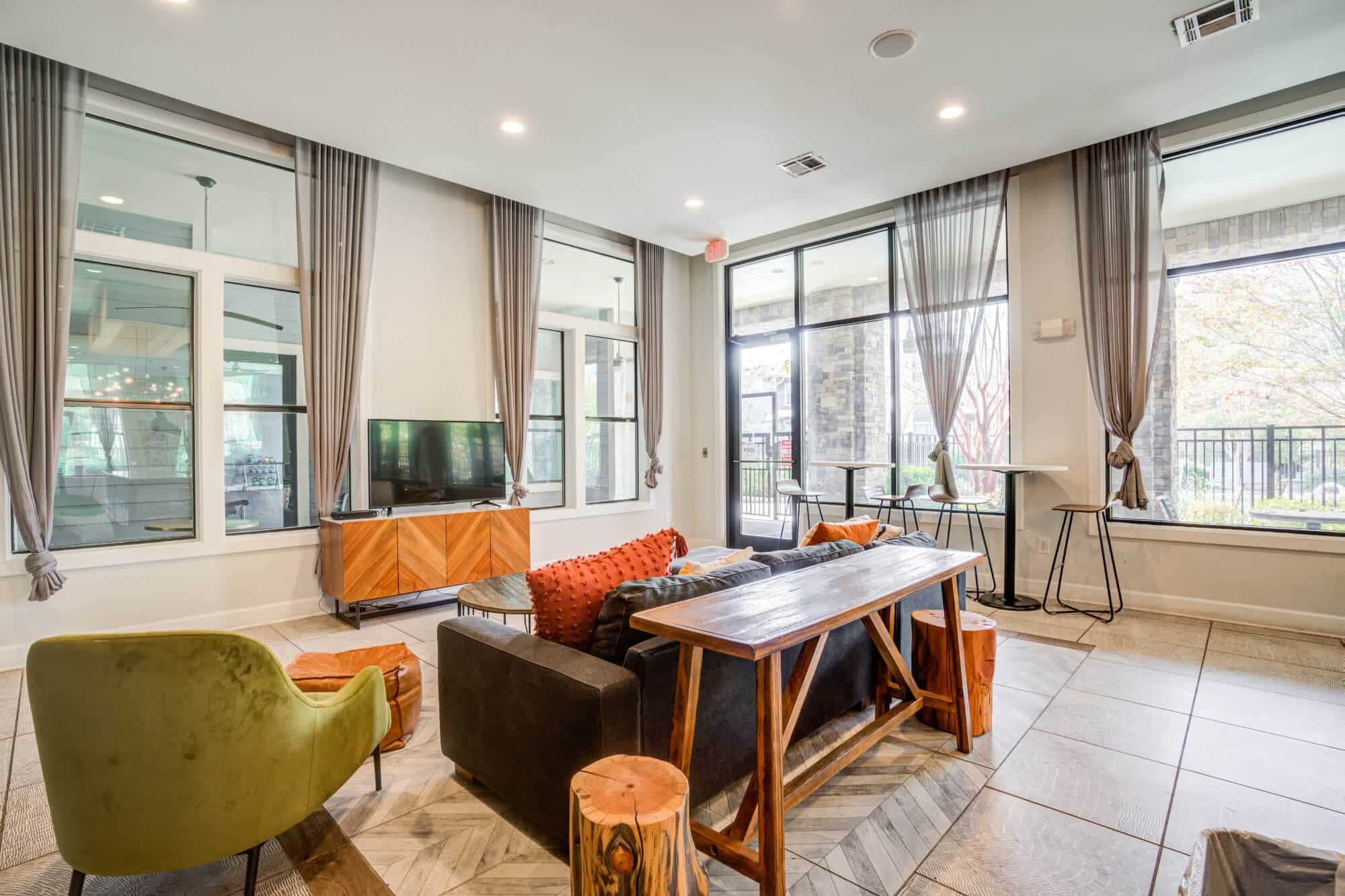 Modern lounge with cozy seating area.