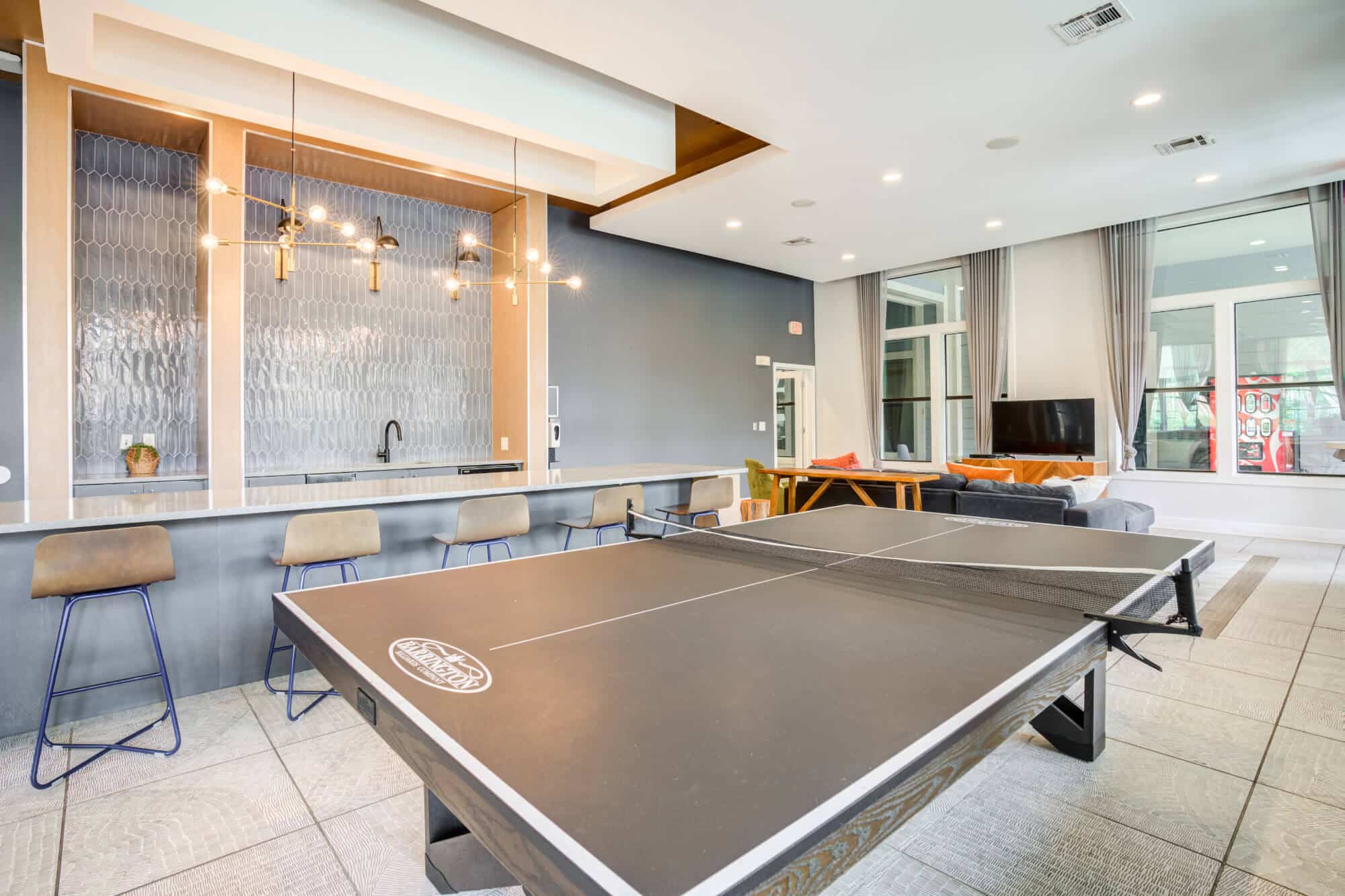 Modern lounge with game table.