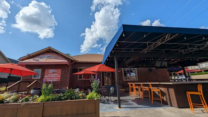 Outdoor dining area with umbrellas
